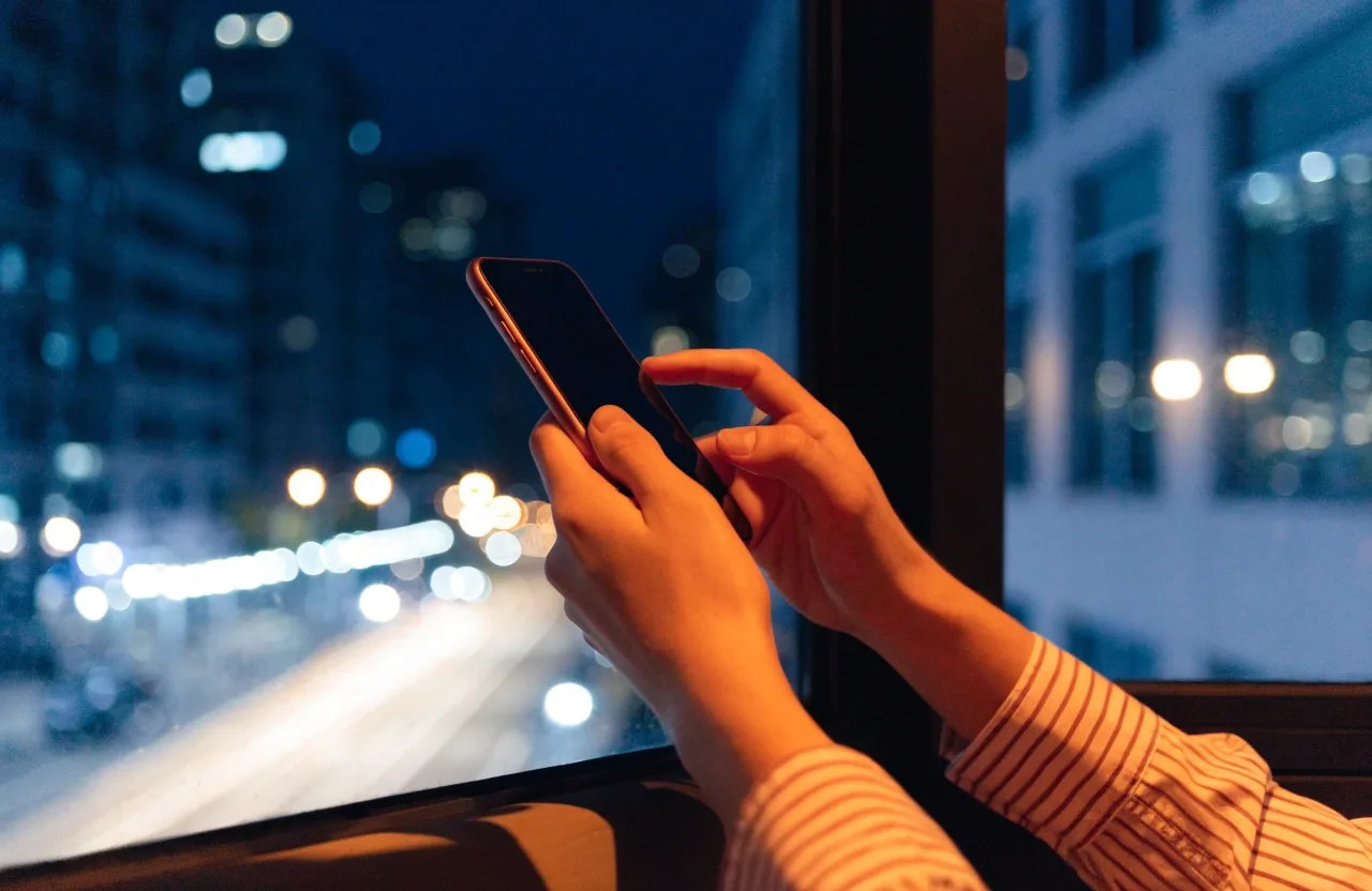Hands holding a phone near a window overlooking a Sydney street at night