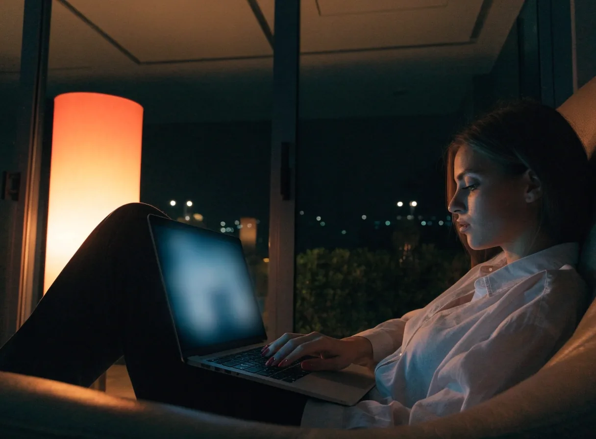 Hands switching on a VPN app on a laptop in a Sydney apartment at night