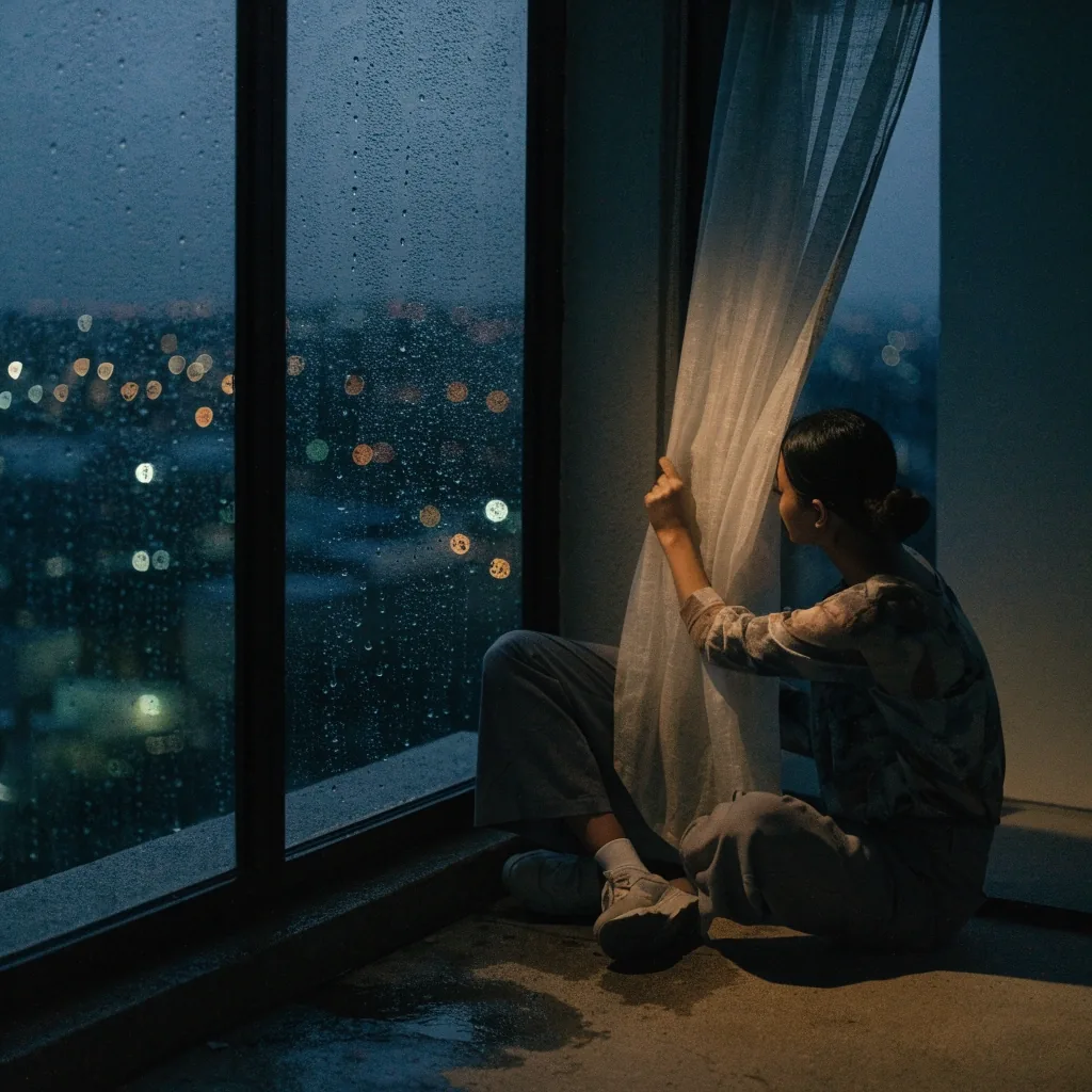 Night window with rain and soft cool reflection
