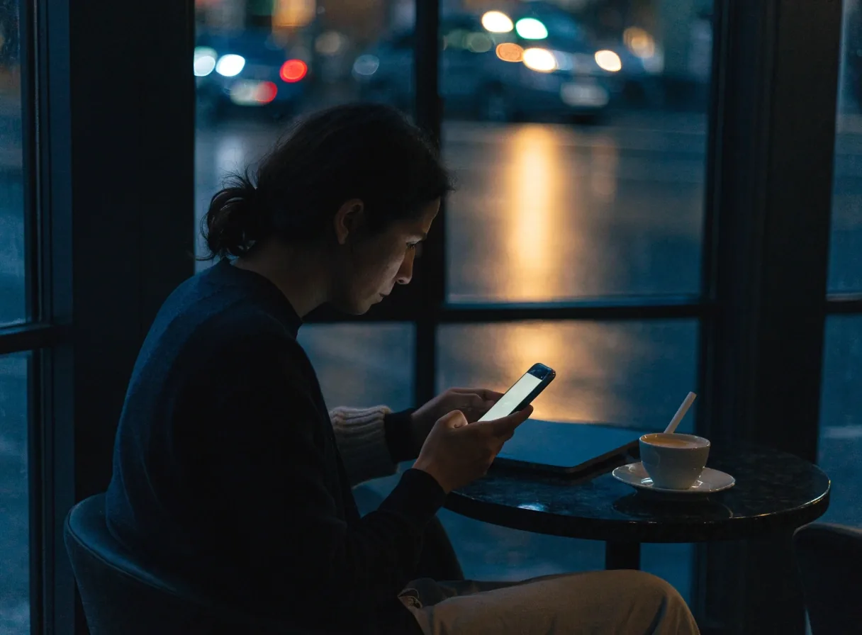 Traveller checking a phone at a night cafe table