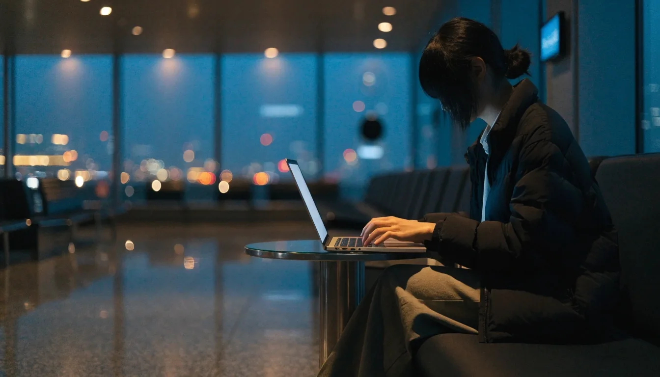 Traveller opening a laptop in a quiet airport lounge at night